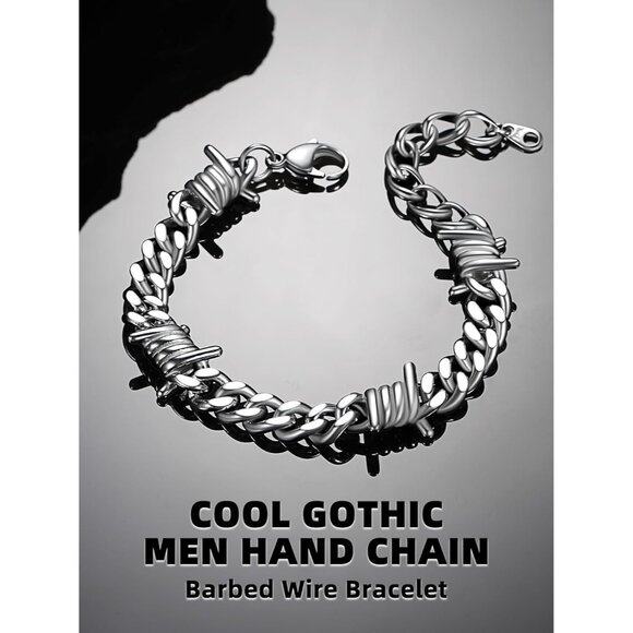 Siver Barbed Wire Cuban Chain Bracelet 7/9mm Punk Gothic Stainless Steel Unisex - Picture 2 of 9